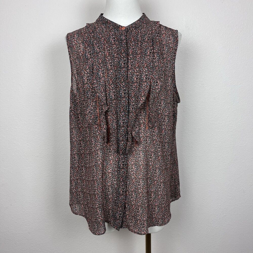 CAbi Top Womens Large Tux Ruffle Ditsy Floral Sleeveless Chiffon 6319 Brown